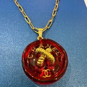 Red and Gold Button Pendant Necklace